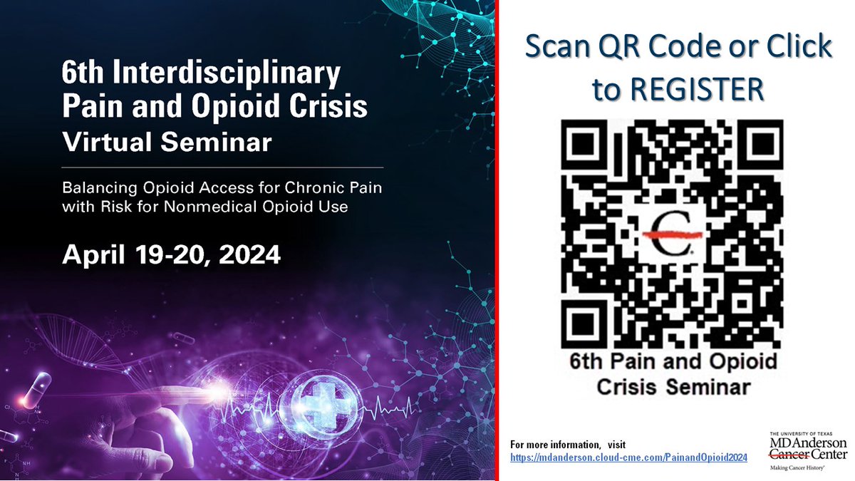 Join me @6th Interdisciplinary Pain and Opioid Crisis VIRTUAL Seminar on April 19-20, 2024. Listen to excellent speakers and experts in opioids and cancer pain. Get MOC points, meet 8hr DEA requirement, and many more. Less than 2 weeks away. See you there. mdanderson.cloud-cme.com/PainandOpioid2…