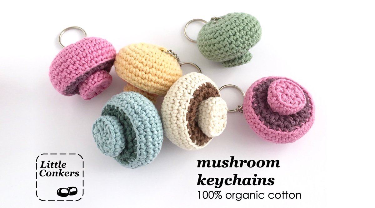 Cute mushroom key rings or bag charms, hand-crocheted in organic cotton: littleconkers.co.uk/shop/mushroom-… 
#EcoFriendly #GiftIdeas #EcoGifts #OrganicCotton