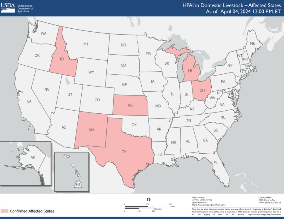 As of 4 April 2024, highly pathogenic avian influenza H5N1 confirmed by @USDA_APHIS in dairy cows on 16 farms in the USA: Texas (8 farms), Kansas (3), New Mexico (2), Michigan (1), Idaho (1), and Ohio (1). #vogelgriep aphis.usda.gov/livestock-poul…