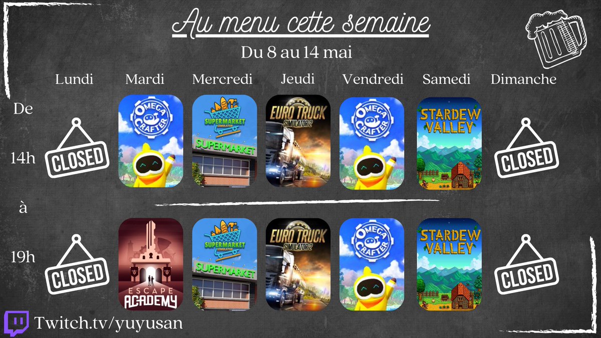Le menu est là 🍻 
Mardi : #OmegaCrafter #EscapeSimulator 
Mercredi : #SupermarketSimulator 
Jeudi : #EuroTruckSimulator2  
Vendredi : #OmegaCrafter 
Samedi : #StardewValley  

Bonne semaine à tous ❤️
➡️Twitch.tv/yuyusan