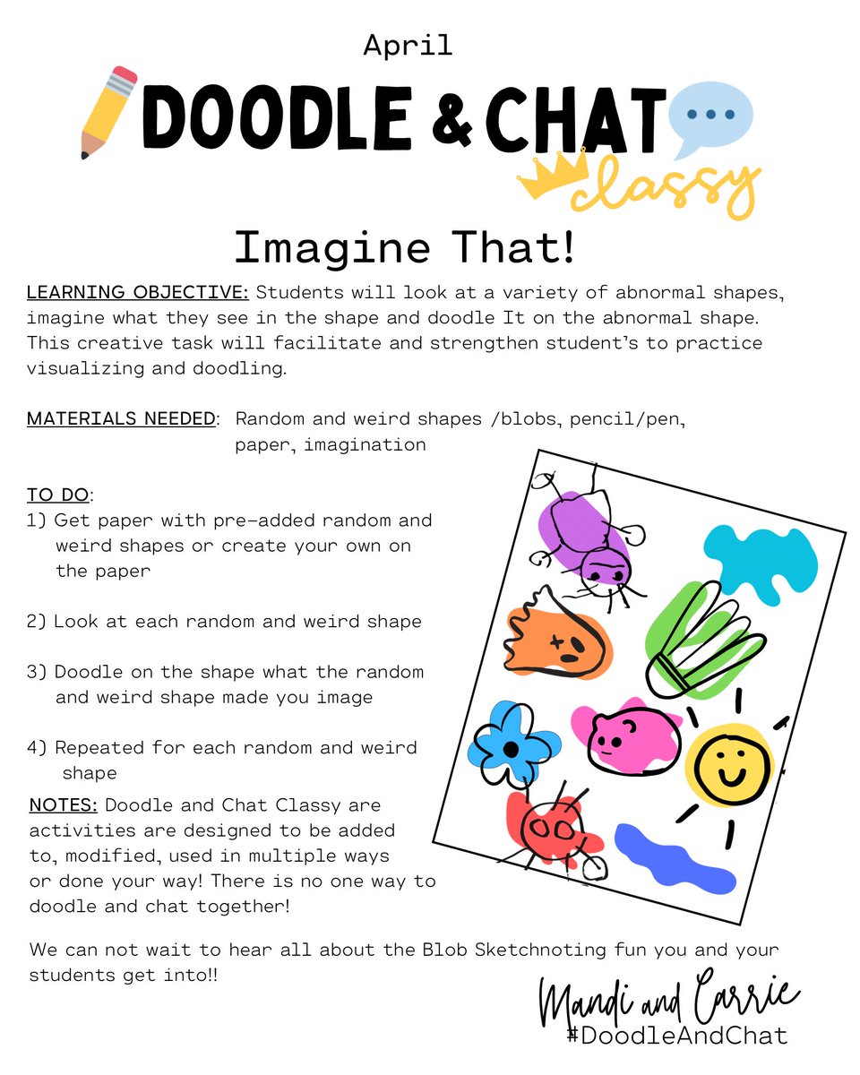 Saturdays are for Doodle and Chat!! Yesterday Mandi and Carrie doodled and chatted about our April Classy activity: “Imagine That! Blob Doodles”. Click play and come be a part of the fun: youtube.com/live/2w_JNlvXZ… One-Pager Lesson Plan: drive.google.com/file/d/1UtWIvY… #DoodleAndChat
