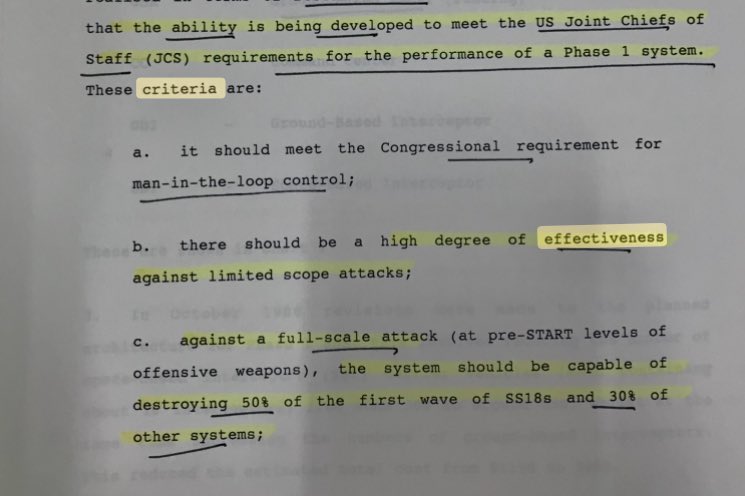 Yes, historically the effectiveness criteria for US missile defense systems have varied considerably. Buried deep in the archives I found the effectiveness criteria for a first phase strategic defense system (1989). Comprehensive defense was never the goal.