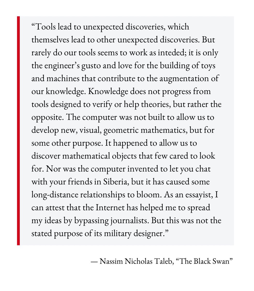 Tangentially, original DISCOVERY emerges from unintended consequences of tool creation, as described in “The Black Swan” 👇🏻