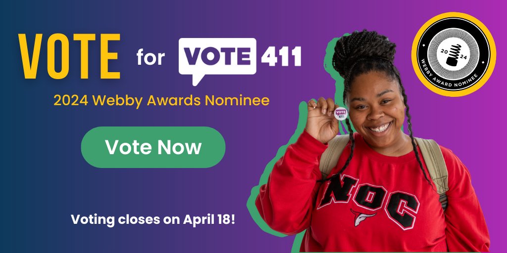 Help LWV's online voter guide, VOTE411 (vote411.org) win another people's choice Webby award! We won in 2020 and we'd love to do it again in 2024. You can vote for VOTE411 to win a Webby here: vote.webbyawards.com/PublicVoting#/… #VOTE411 #Webby2024 #LoveMyLWV