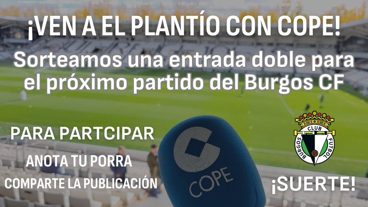 🔴 EN DIRECTO | 🥳 ¡¡SORTEO!! 🥳

📲Comenta tu porra para hoy + da rt y mg a esta publicación. ¡En el descanso cerramos participaciones!

👉 Acierta y entrarás en el sorteo de una entrada doble para el #BurgosCFRacingSantander 🎲

▶️ cope.es/directos/burgos