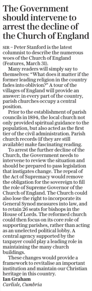 Letter in the Sunday @Telegraph says @churchofengland Synod should be supreme, no Bishops in the Lords and the sovereign not required to be governor. Sounds a lot like disestablishment. But no taxpayer-funded religious agency thanks. Promoting religion isn't a duty of the state