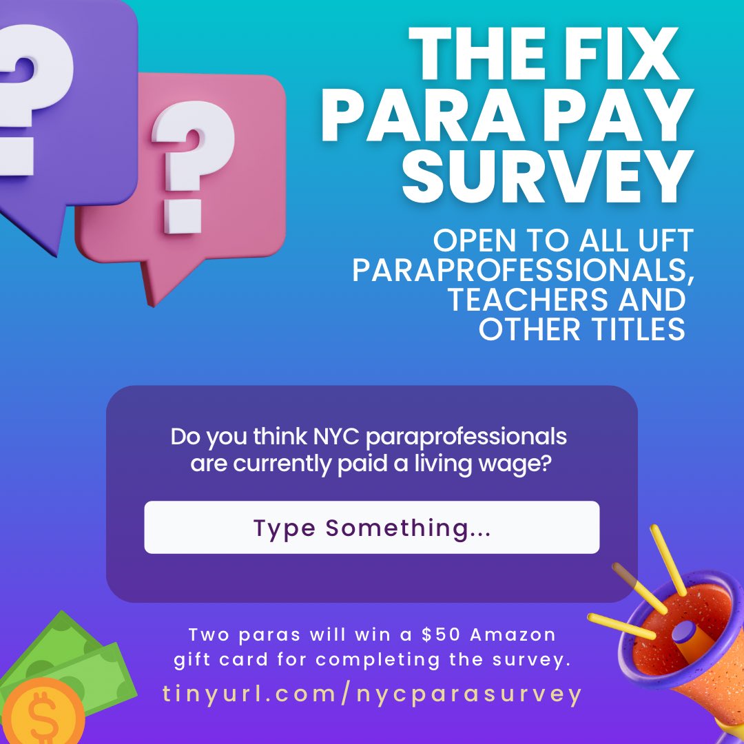 educatorsofnyc's tweet image. Do you think paras deserve a living wage? 

Fill out the survey to help in the fight to improve para pay and working conditions. Go to: tinyurl.com/nycparasurvey

It’s open to all @UFT paraprofessionals, teachers and other titles. Retirees, too!

Also, 2 paras who complete the…