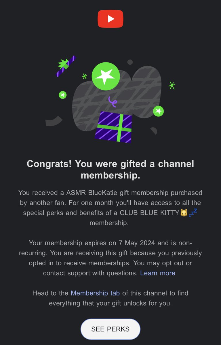 This is my 3rd ever gifted membership to @ASMRBluekatie I swear I’ve got on every month I didn’t pay for one myself the youtube asmr gods want to bless my ears every night it seems