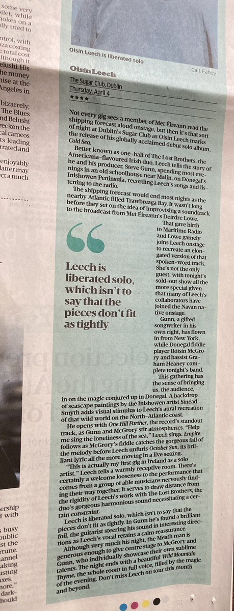 Thank you @Steve_Cummins for the wonderful Live Review of the Dublin gig in today’s @businessposthq 

⭑⭑⭑⭑

“This gathering has the sense of bringing us, the audience,
in on the magic…” @sugarclubdublin @singularartists