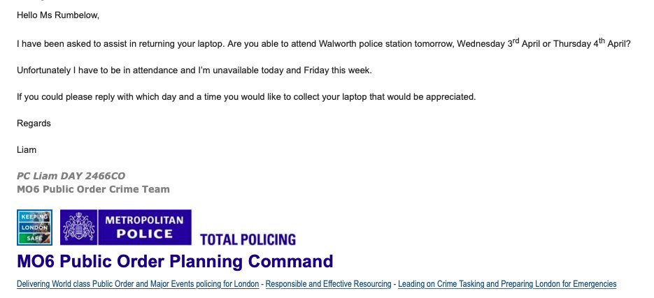 2 years ago police raided my home and seized a laptop. Last August I was told I could collect the items, but when I tried to do so I was told it wasn't possible. 2 weeks ago I made a complaint and was invited in to collect my laptop, only to be arrested and held for 9 hours.