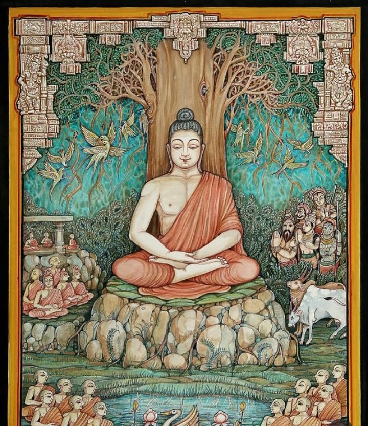 'No one saves us but ourselves. No one can and no one may. We ourselves must walk the path.'-Gautama Buddha Lord Biddha in Serene, Reflects the Artistic Style of Mysore Painting by Raghavendra. #art #artist #interior #illustration #quote #nature #handmade #craft #design #culture