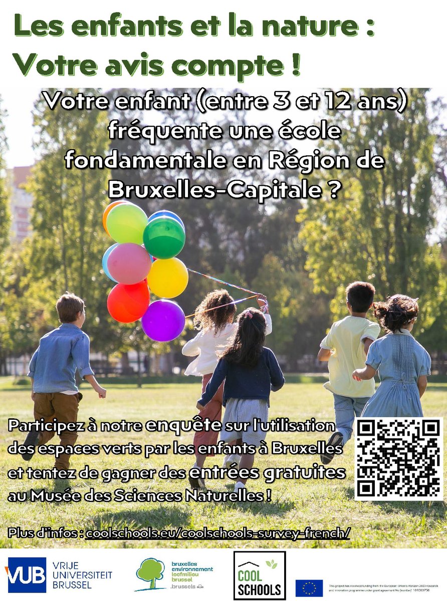 📢Appel aux parents d'enfants (âgés de 3 à 12 ans) en Région de Bruxelles-Capitale. Participez à l'enquête sur l'utilisation des espaces verts par les enfants, et tentez de gagner des billets GRATUITS pour le Musée des sciences naturelles!🌲🧒👧🌳RT🙏
👉mpt.link/CoolSchools_Pa…
👇