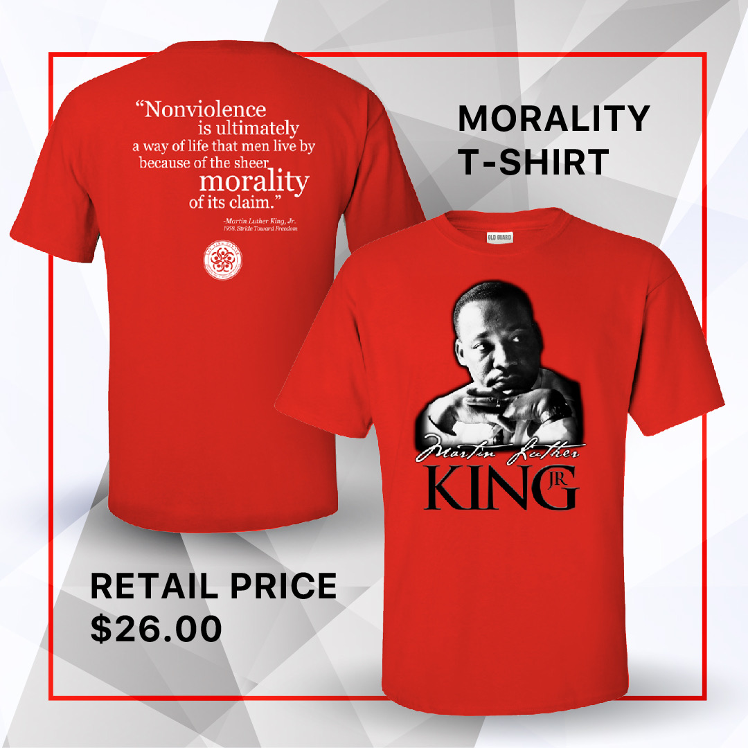 #KingCenter Bookstore now has the official Dr. Martin Luther King, Jr. 'Morality' T-shirt in stock! Available in Red and Black. Quote - 'Nonviolence is ultimately a way of life that men live by because of the sheer morality of its claim.' thekingcenter.pulse.ly/dbgtq2pb5t