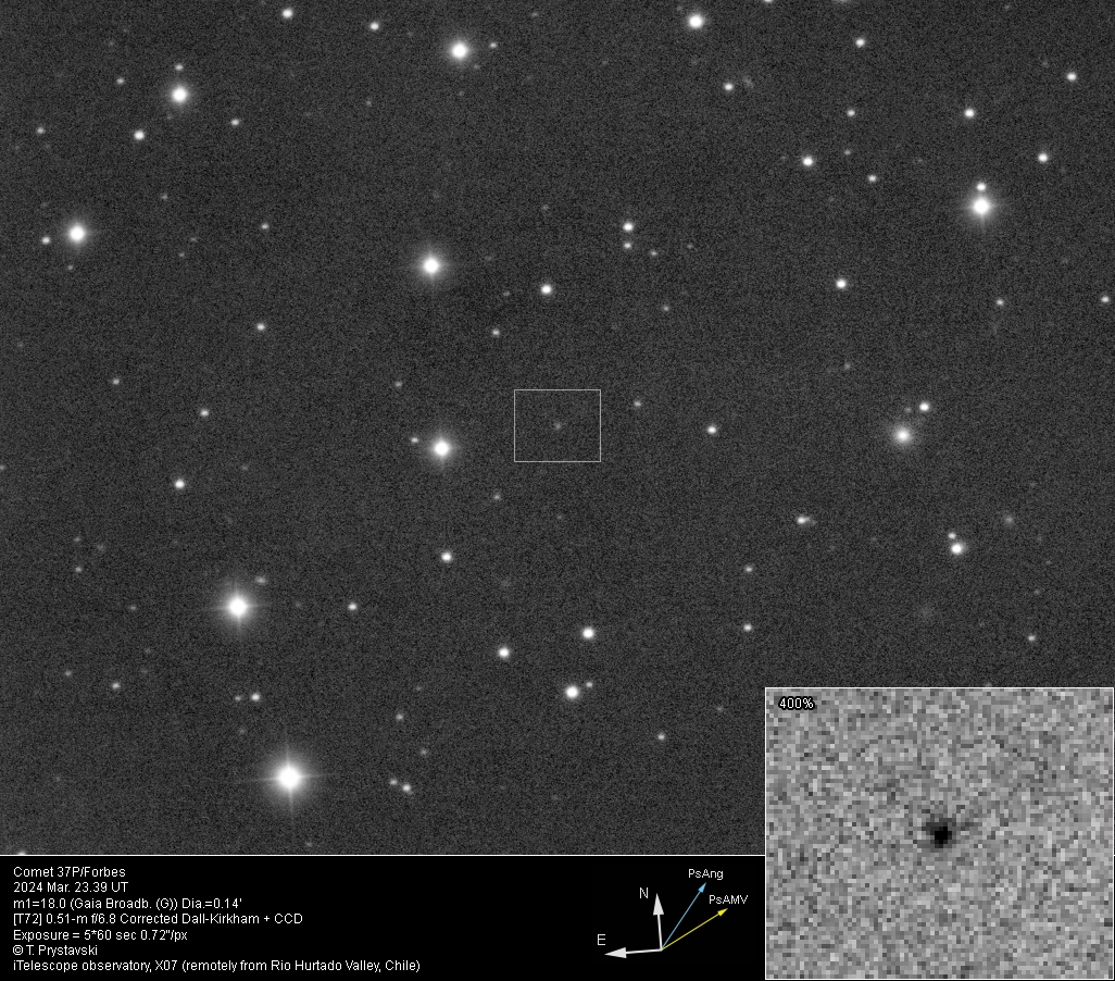 Comet 37P/Forbes 2024 Mar. 23.39 UT m1=18.0 Dia.=0.14'... [T72] 0.51-m f/6.8 Corrected Dall-Kirkham + CCD... T. Prystavski... (iTelescope observatory, X07 (remotely from Rio Hurtado Valley, Chile))
