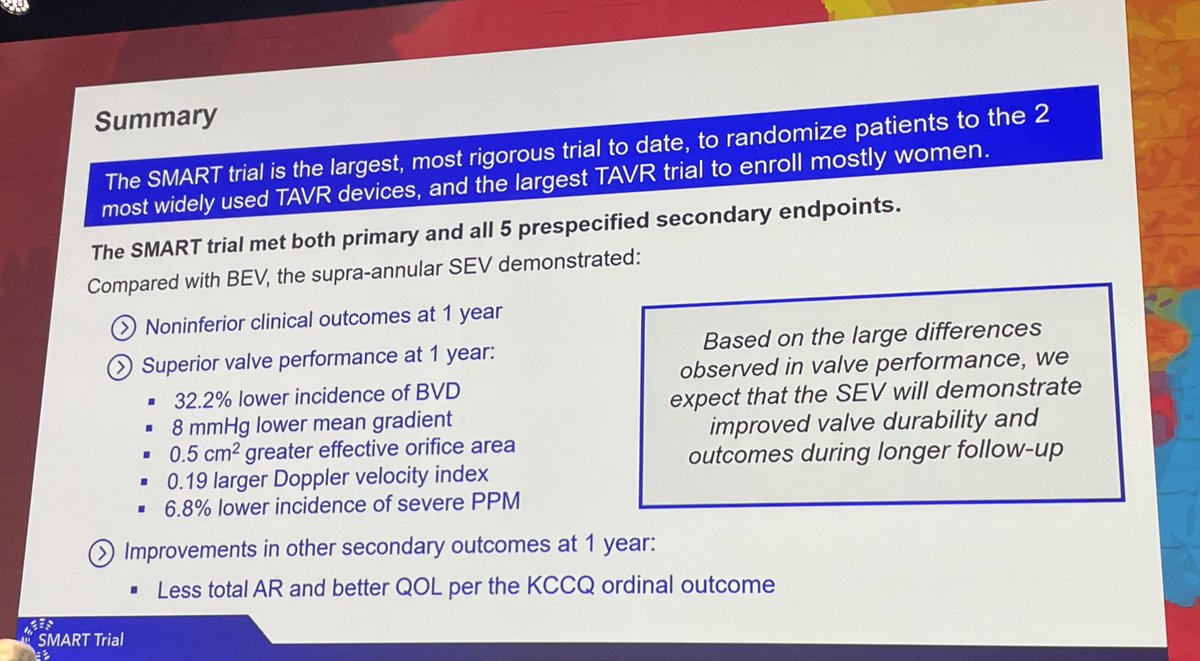 Hooman Bakhshi (@bakhshihooman) on Twitter photo #ACC24 Self expanding vs. Balloon expanding valve in small aortic annuli by Dr Hermann.(87% female)
1- non-inferior clinical out come at 1 year
2- 32.2% lower bio-prosthetic valve dysfunction with SEV at one year
<a href="/RichardAFerraro/">Richard Ferraro</a> <a href="/Pooh_Velagapudi/">Poonam Velagapudi</a> <a href="/cardioPCImom/">Ki Park</a> <a href="/Umair2017/">Umair Khalid</a> #ACC24 Self expanding vs. Balloon expanding valve in small aortic annuli by Dr Hermann.(87% female)
1- non-inferior clinical out come at 1 year
2- 32.2% lower bio-prosthetic valve dysfunction with SEV at one year
<a href="/RichardAFerraro/">Richard Ferraro</a> <a href="/Pooh_Velagapudi/">Poonam Velagapudi</a> <a href="/cardioPCImom/">Ki Park</a> <a href="/Umair2017/">Umair Khalid</a>