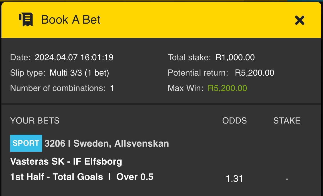 Five odds 

Click here for slip 👉🏿 easybet.co.za Book a bet easybet.co.za/share-a-bet/66…

Bet code 👉🏿668625

Promo code 👉🏿KING50

Join here 👉🏿 ebpartners.click/o/B4xWgJ

#YellowNation