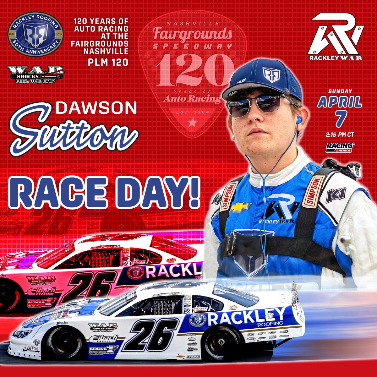 It’s RACE DAY at @RaceFairgrounds! The kickoff event for 120 years of racing in Music City! 🎸 🎶 🏁 @dawsonsutton26 making a Pro Late Model start today in the 120-lap feature. First green flag drops at 2:15 p.m. CT 🟢 📺: @RacingAmerica #RackleyWAR | #RackleyRoofing