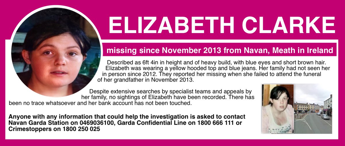This week’s #SaturdayShare is for Elizabeth Clarke who went missing in November 2013 from #Navan, Meath in Ireland 

garda.ie/en/missing-per…

#FindElizabethClarke #MissingPersonsSupport #HelpBringThemHome