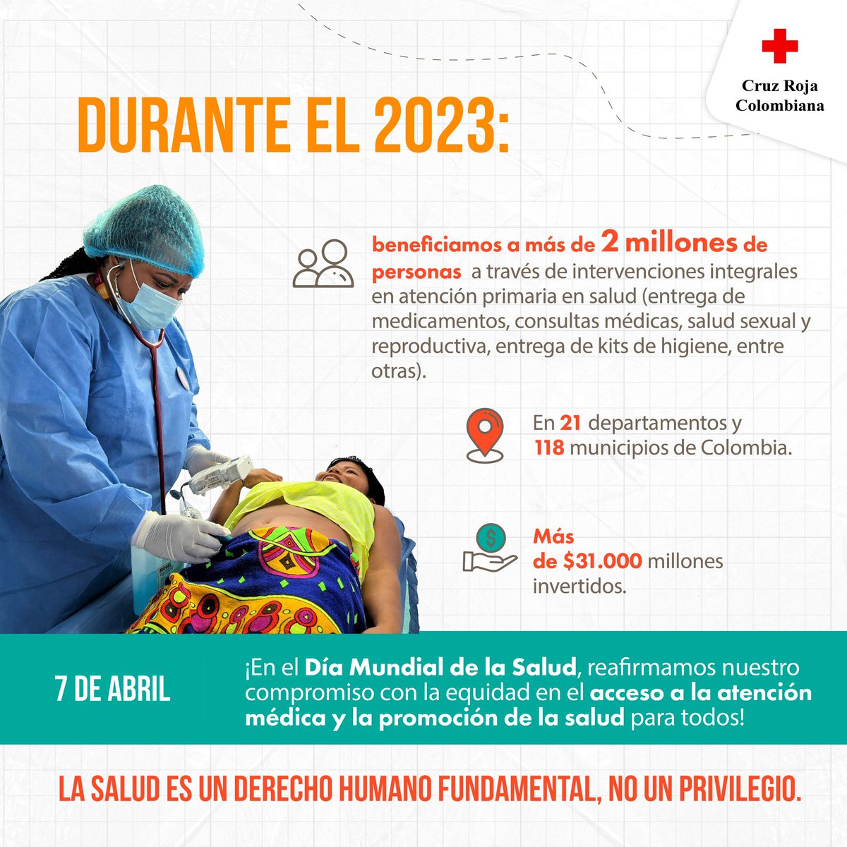 #DiaMundialdelasalud ¡Acceso a la salud, un derecho para todos y todas! Seguiremos aunando esfuerzos para fortalecer la atención primaria en salud, promover hábitos de vida saludables y aportar a la resiliencia de las comunidades vulnerables de Colombia 🇨🇴 #SomosCruzRoja