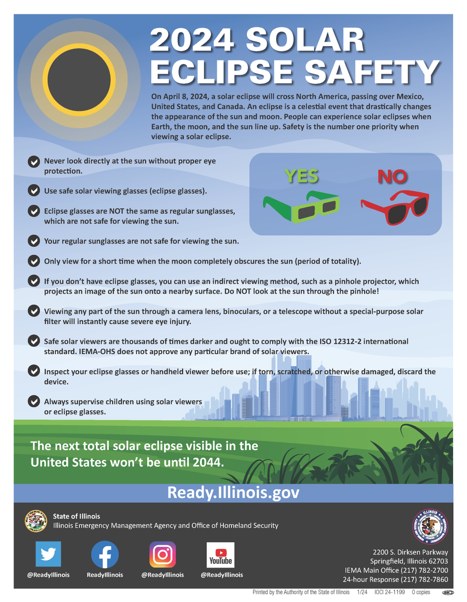 ReadyIllinois's tweet photo. Be smart about viewing the #2024Eclipse. Those eclipse glasses are key to #eyesafety. Here are more tips:
#ILEclipse24 #Illinois #VisionSafety https://t.co/gexOUtpXGa