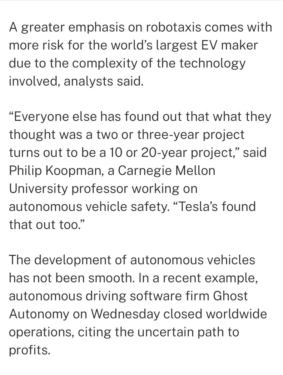 Elon Muskin ja Reutersin ”dialogia” #robotax ista on ollut ihan mielenkiintoista selailla.

Reutersin asiantuntijoiden mukaan markkinoiden ja teknologian kypsyyteen menee vielä ainakin 10-20 vuotta.

Elon Musk on kommentoinut provosoivasti lyhyesti, että Reuters valehtelee.
1/