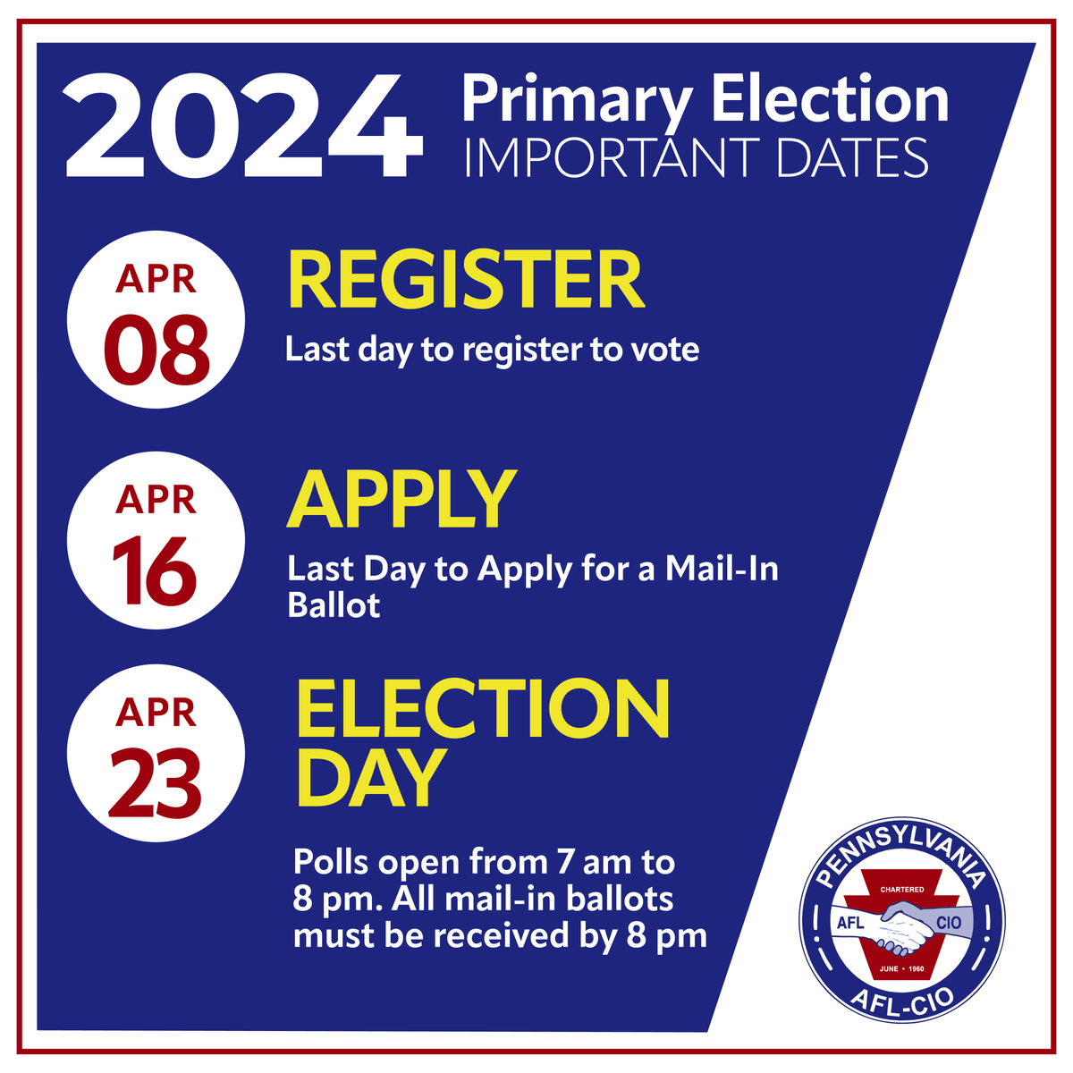 🚨🚨🚨 TOMORROW is the last day to register for the #PrimaryElection on April 23, 2024! 🗓️APRIL 8 – Voter registration deadline vote.pa.gov/register 🗓️APRIL 16 – Last day to apply for a mail ballot. vote.pa.gov/applymailballot