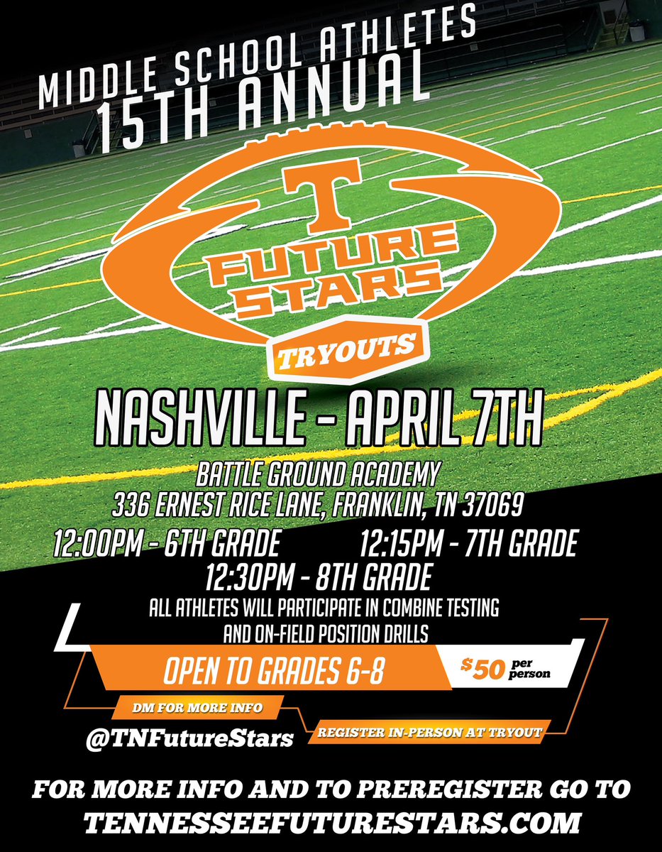 🚨🚨🚨 Middle Tennessee athletes grades 6-8 you are up! Today is your day! Come out and compete. Check In times are on the flyer. Pay at tryouts (cash only). Bring cleats and tennis shoes. QBs and Kickers bring your own football.