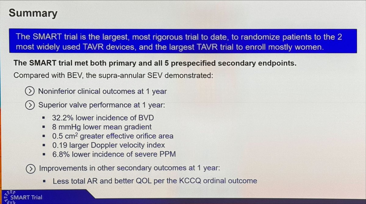 SMART trial comparing SEV and BEV - impressive findings. No difference in mortality but marked difference in valve dysfunction. More women studied. Better hemodynamics at 12 months could mean better valve durability in small annuli over time @ACCinTouch #ACC2024