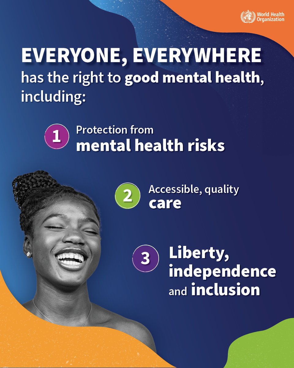 Everyone has the right to good mental health, including: ✅ Protection from mental health risks. ✅ Accessible, quality care. ✅ Liberty, independence and inclusions. #WorldHealthDay #HealthForAll