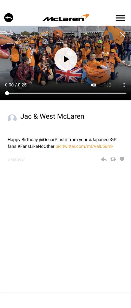 まずは、、、
マクラーレンの公式に写真を載せていただけました😭😭😭
もう、ガチ泣きモードで喜びました！
オスカーの誕生日ソングも届いたようで良かったです🎂🎉
ましろくん含め、マクラーレン軍団に来てくれた方々に感謝します🙏
そして、表立って動いてくれたましろくん！本当にありがとう！