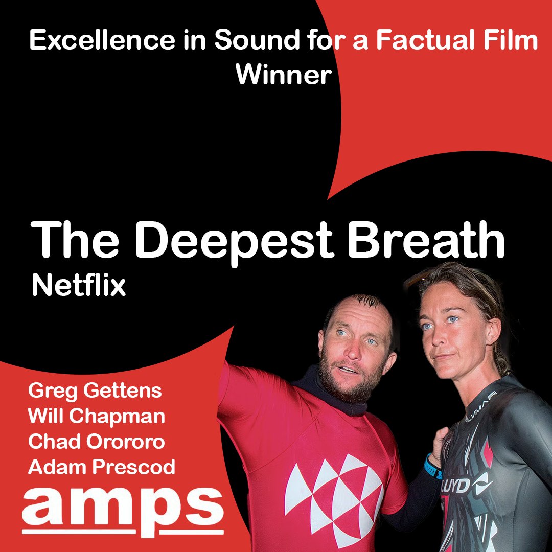 First up the winner of Excellence in Sound for a Factual Film is.... The Deepest Breath (@netflix) Congratulations to: Greg Gettens Will Chapman Chad Orororo Adam Prescod 👏👏👏 #AMPSAwards2024