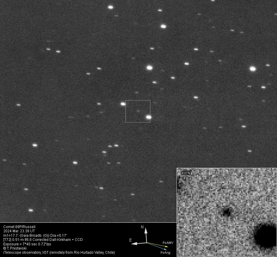 Comet 89P/Russell 2024 Mar. 23.39 UT m1=17.7: Dia.=0.17'... [T72] 0.51-m f/6.8 Corrected Dall-Kirkham + CCD... T. Prystavski... (iTelescope observatory, X07 (remotely from Rio Hurtado Valley, Chile))