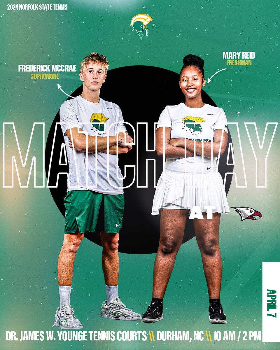 Last conference matchup of the regular season! 🆚 North Carolina Central ⏰ 10 AM, 2 PM 📍 Durham, N.C. 🏟️ Dr. James W. Younge Tennis Courts 📊 bit.ly/3vGzkgI (W) 📊 bit.ly/445xsel (M) #GoldStandard🔰
