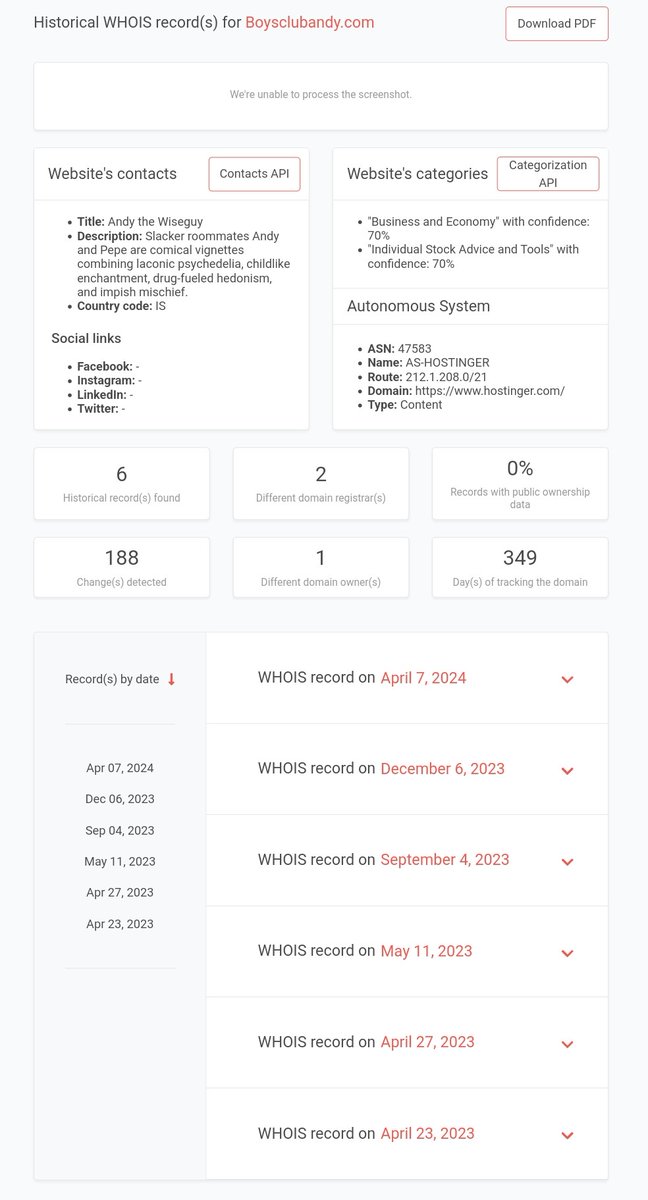 ShemShaman's tweet photo. @BecauseBitcoin why has Max blocked me for asking to look into something's before continuing to push #Andy @andycoinonerc 
The domain was created April 23 with multiple updates, which could imply different ca's deployed. The ip address is linked to 106 suspicious domains/ "rugs"? https://t.co/ij7g6K7sdG