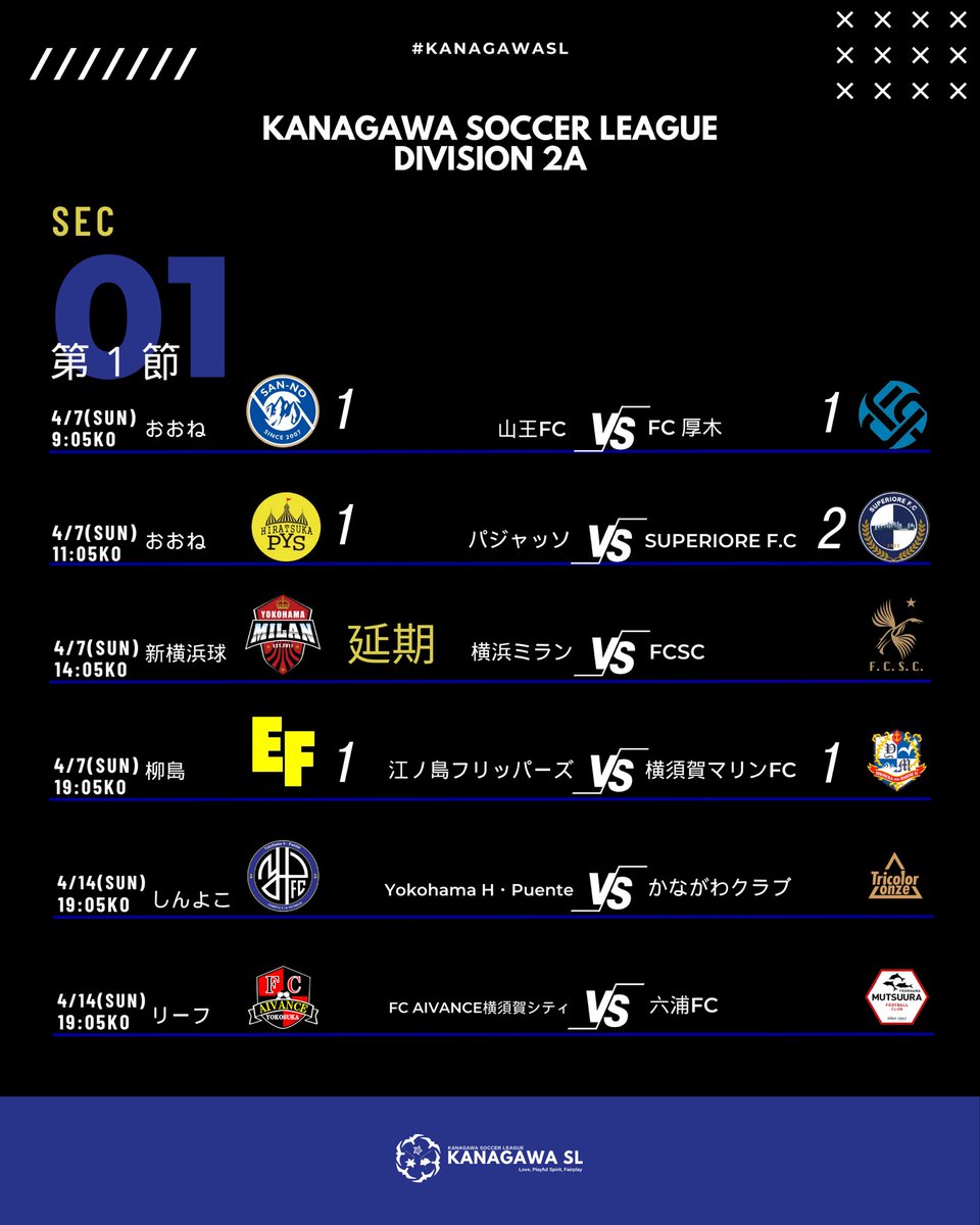 fakj_syakaijin's tweet photo. ▶︎▶︎▶︎𝙈𝘼𝙏𝘾𝙃 𝘿𝘼𝙔 𝙍𝙀𝙎𝙐𝙇𝙏𝙎◀︎◀︎◀︎

⚽️ 神奈川県社会人サッカーリーグ2部A第1節
📅4月7日(日)

#kanagawasl #神奈川県社会人サッカーリーグ https://t.co/MsyddgMskm