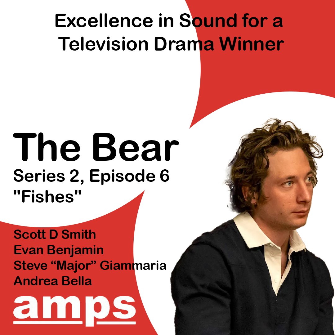 Next up, the winner of Excellence in Sound for a Television Drama is... The Bear (Series 2, Episode 6) @TheBearFX Congratulations to: Scott D Smith Evan Benjamin Steve 'Major' Giammaria Andrea Bella 👏👏👏 #AMPSAwards2024
