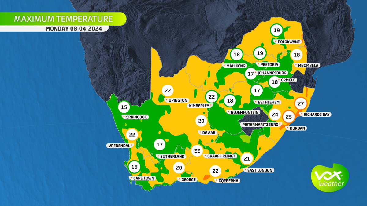 VoxWeatherZa's tweet photo. WEATHER MAPS and WARNINGS for this MONDAY – 08 April 2024
⚠️ WARNINGS by SAWS⚠️
🟠Orange L9: Rain causing widespread #flooding over the Overberg and the southern Cape Winelands.
🟠Orange L6: Rain & T-storms for parts of NC, WC, FS, EC & NW
#voxweather #severeweather https://t.co/33nqrNET6F