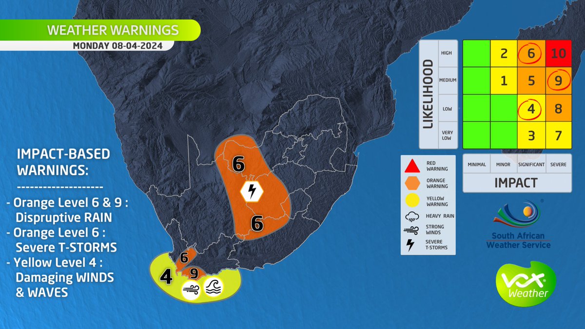 VoxWeatherZa's tweet photo. WEATHER MAPS and WARNINGS for this MONDAY – 08 April 2024
⚠️ WARNINGS by SAWS⚠️
🟠Orange L9: Rain causing widespread #flooding over the Overberg and the southern Cape Winelands.
🟠Orange L6: Rain & T-storms for parts of NC, WC, FS, EC & NW
#voxweather #severeweather https://t.co/33nqrNET6F