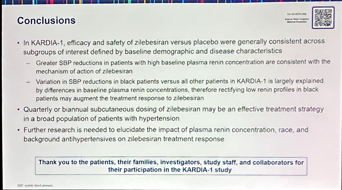 Kardia 1 trial in #ACC24 : efficacy and safety of zilebesiran in patient with hypertension. Key point: plasma renin concentration(PRC) and race. Everything indicates that renin concentrations will be key for the upcoming studies on hypertension: Bax-HTN, Target-HTN and Kardia 3