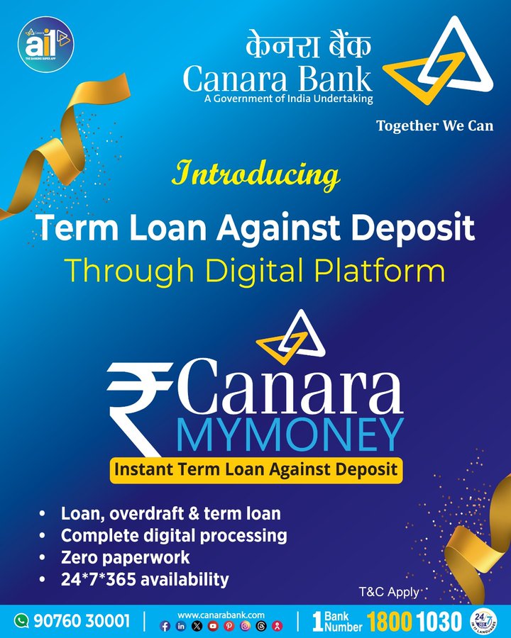 #CanaraBank introduces Canara MyMoney, a Term #Loan Against Deposit through our digital platform! Enjoy multiple benefits such as zero paperwork, 24*7*365 availability and many more. Get started today! *T&Cs apply. Learn more at: portal.digiloans.canarabank.in/LoanPortal #smartbanking