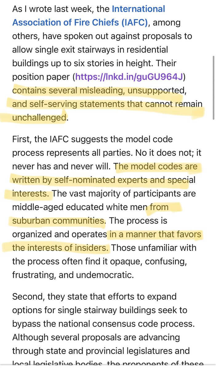 Remember this is from a fire protection ~engineer~ where he rightly notes model code is set by self-nominated “experts” and special interests, and those writing the code are consistently pro suburban, anti-urban.  (Ask your fire marshal where he lives).
