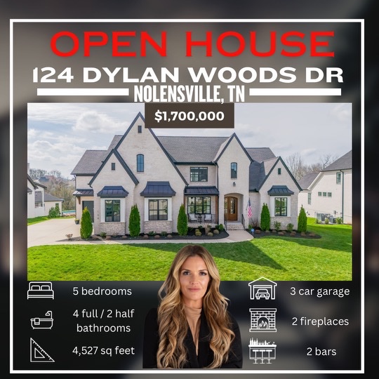 🏠 OPEN HOUSE 🏠 
📍 124 Dylan Woods Dr Nolensville, TN 37135
📅 Sunday, April 7th
⏰ 1-4 p.m.

#openhouse #movingtotennessee #tennesseerealestate #realtor