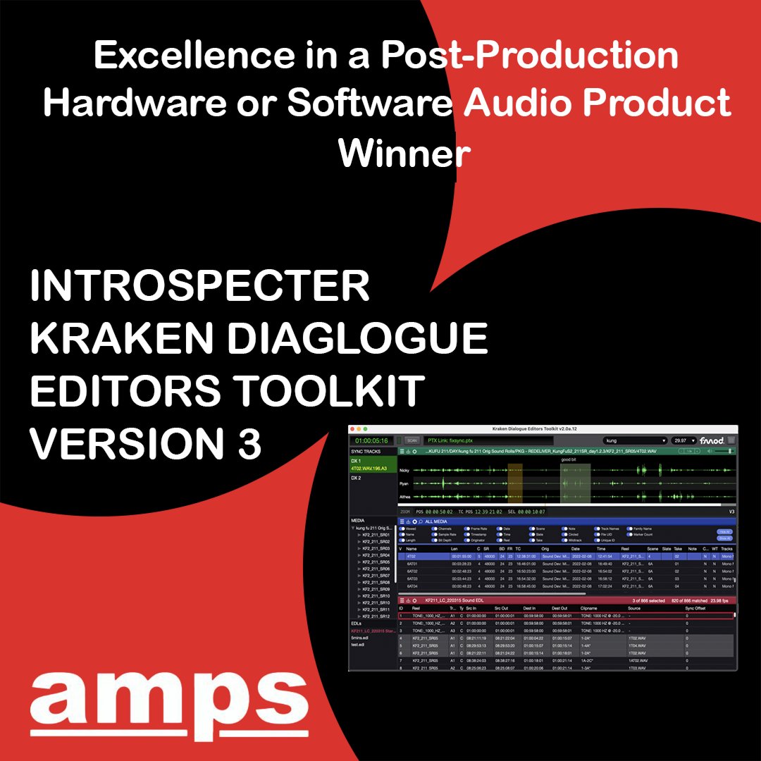 Next we have the winner of Excellence in a Post-Production Hardware or Software Audio Product... The winner is Introspecter Kraken Dialogue Editors Toolkit Version 3 (@KrakenDET) Congratulations! 👏👏👏