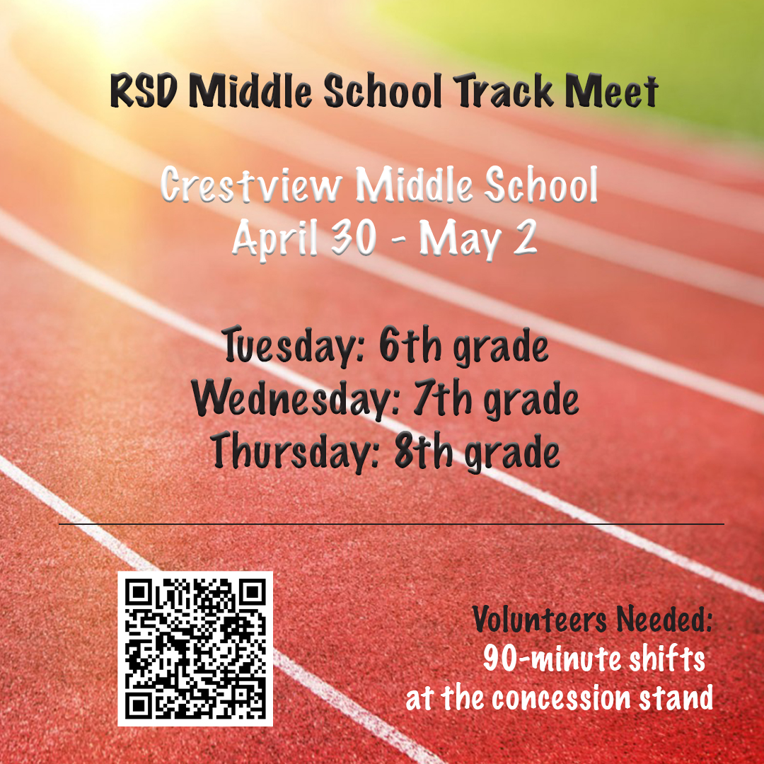 friendsofcms's tweet photo. #RSD Parents: Volunteers needed for the RSD Middle School Track Meet at CMS April 30-May 2. https://t.co/ZAifdUtsy2 https://t.co/9NFD9JdNSa
