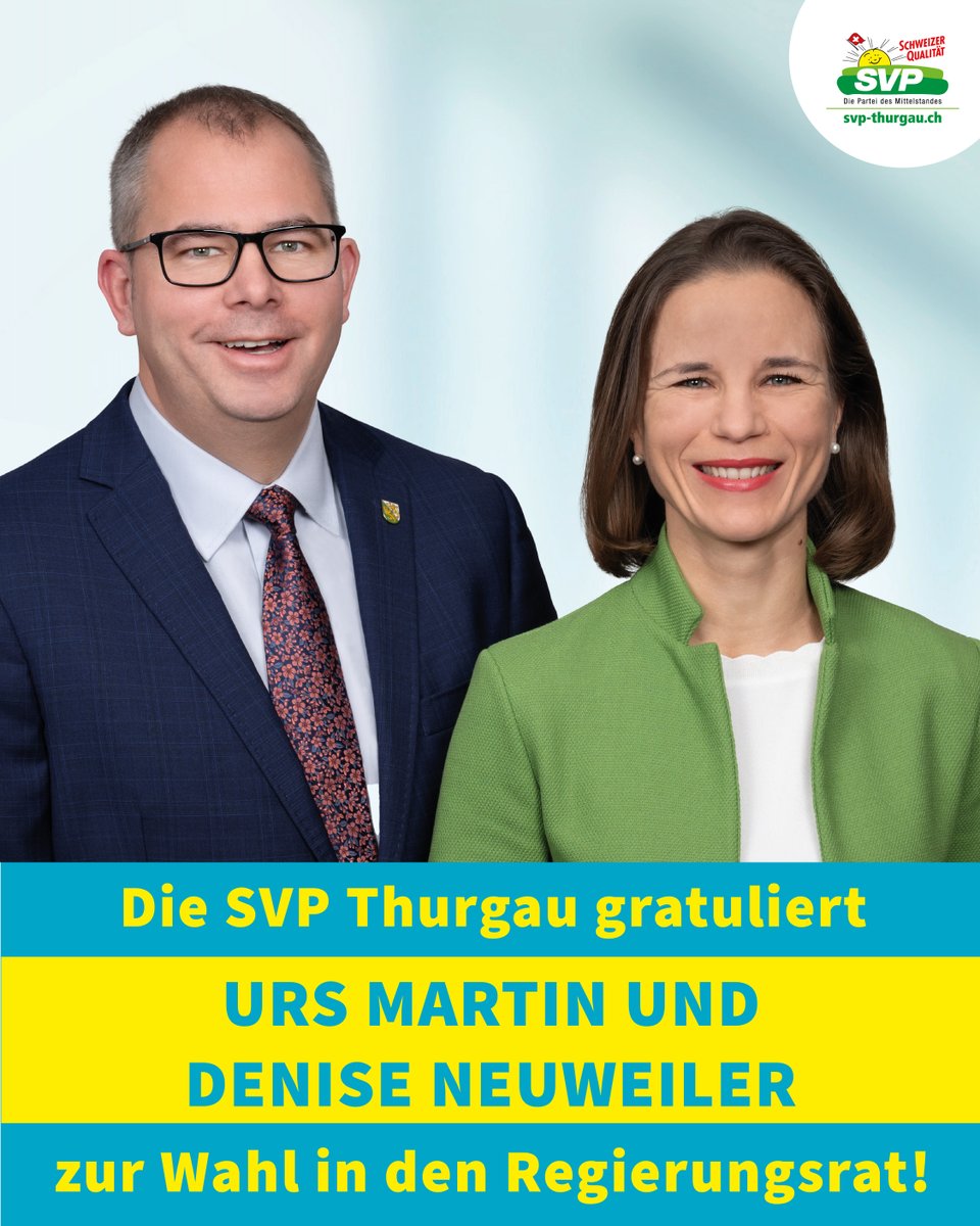 Die SVP Thurgau gratuliert den zwei SVP-Kandidierenden Urs Martin (bisher, 30’567 Stimmen) und Denise Neuweiler (neu, 28’022 Stimmen) zur ehrenvollen Wahl in den Thurgauer Regierungsrat.