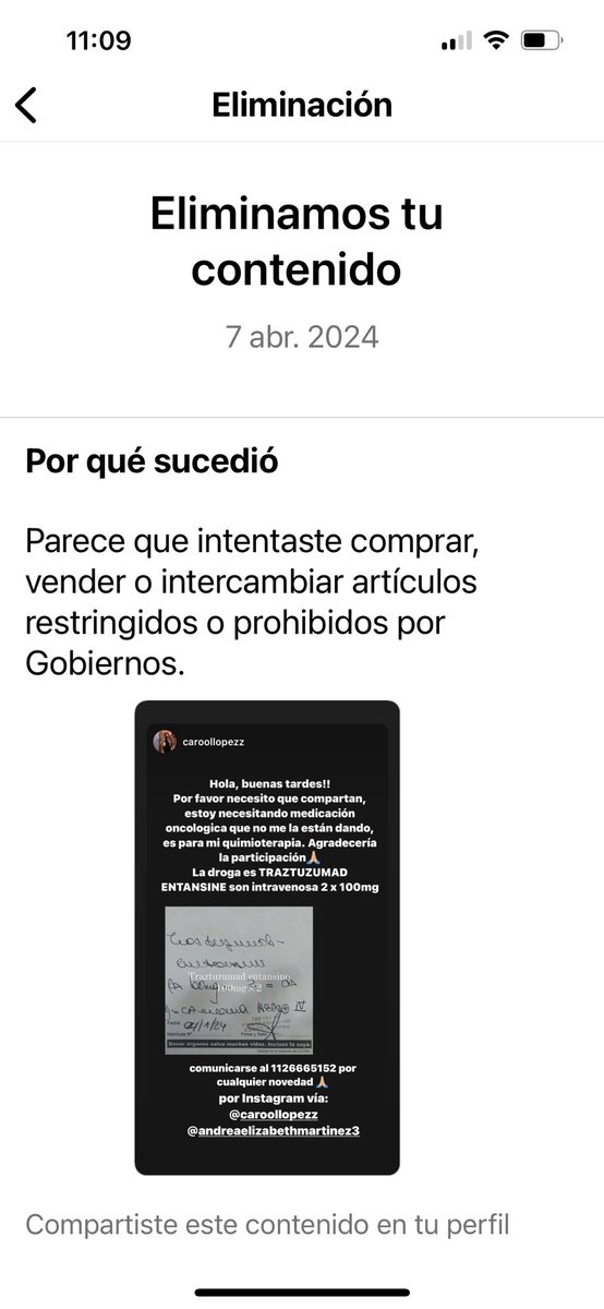 verolozanovl's tweet photo. Esto es gravísimo . Instagram está dando de baja posteos con  pedidos de medicación oncológica . Compartí una historia para facilitar el acceso a dicho medicamento y esto pasa .ver foto . 
Colaboren con rt de foto . 💖 https://t.co/NgzR0y0IZL