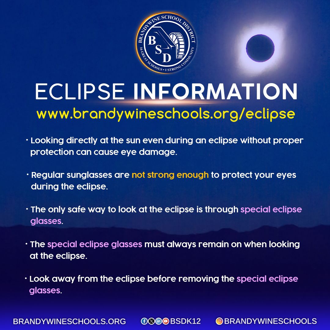 BSDk12's tweet photo. Tomorrow BSD will witness a solar eclipse! To view the eclipse safely, BSD will be supplying all K-8 students with special eclipse glasses for use during the day &amp; on the way home from school.  Please visit https://t.co/lrCg0wzdxB for important safety information. #Proud2bBSD https://t.co/0AHqmQQlFy