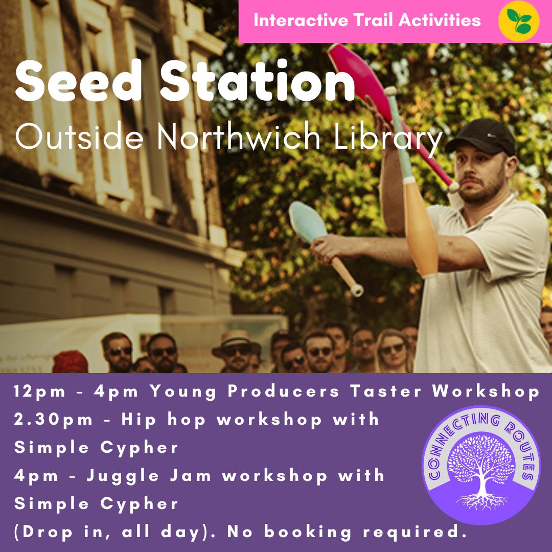 Free Workshops at @nownorthwich #Festival 2024. Young Producers drop in Taster Workshops from 12-4pm, hip hop and juggle jam sessions with @SimpleCypher at 2:30pm and 4:00pm. See more at: nownorthwich.co.uk/family-trail