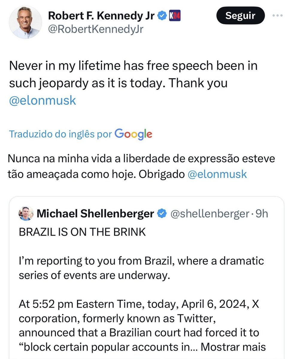 🚨URGENTE - Robert Kennedy Jr, candidato à presidência dos EUA, também comenta sobre o estado da liberdade de expressão no Brasil Kennedy diz, “Nunca na minha vida a liberdade de expressão esteve tão ameaçada como hoje. Obrigado @elonmusk”