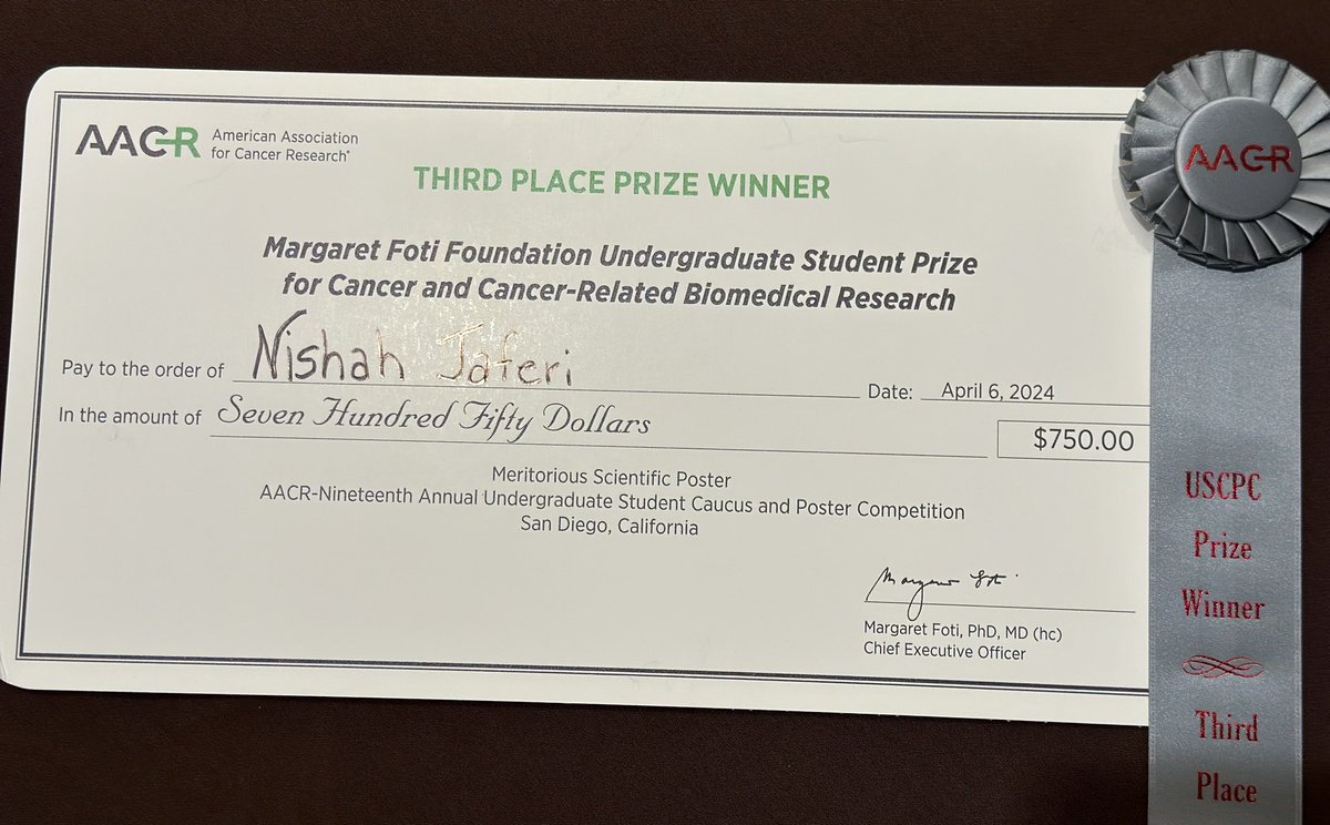 Congrats to Nishah Jaferi, my #NagLab undergraduate student from the #SURF program, for receiving the 3rd Best Poster Award among #undergraduate cancer researchers @AACR #AACR24 #AACR2024. The future is bright! @SylvesterCancer @umiamimedicine @UMJMHSurgery @NCICancerBio